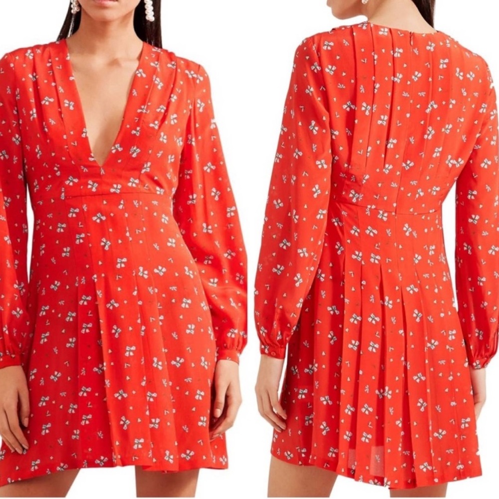 RIXO red mini dress 100% silk blue floral size xs